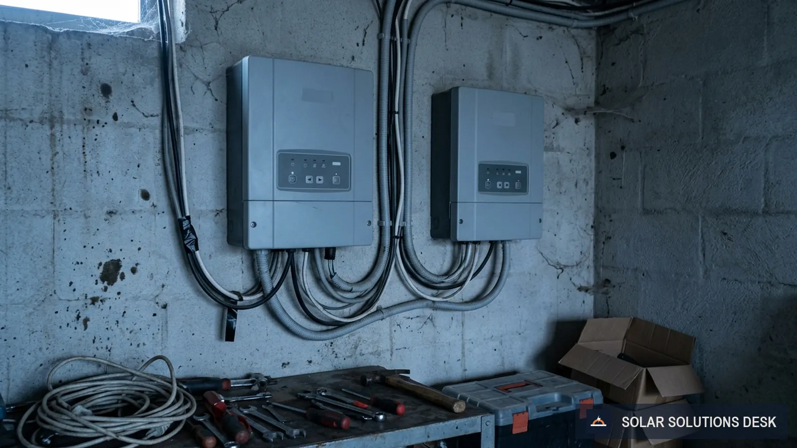 Two pieces of home solar equipment side by side in a utility space.