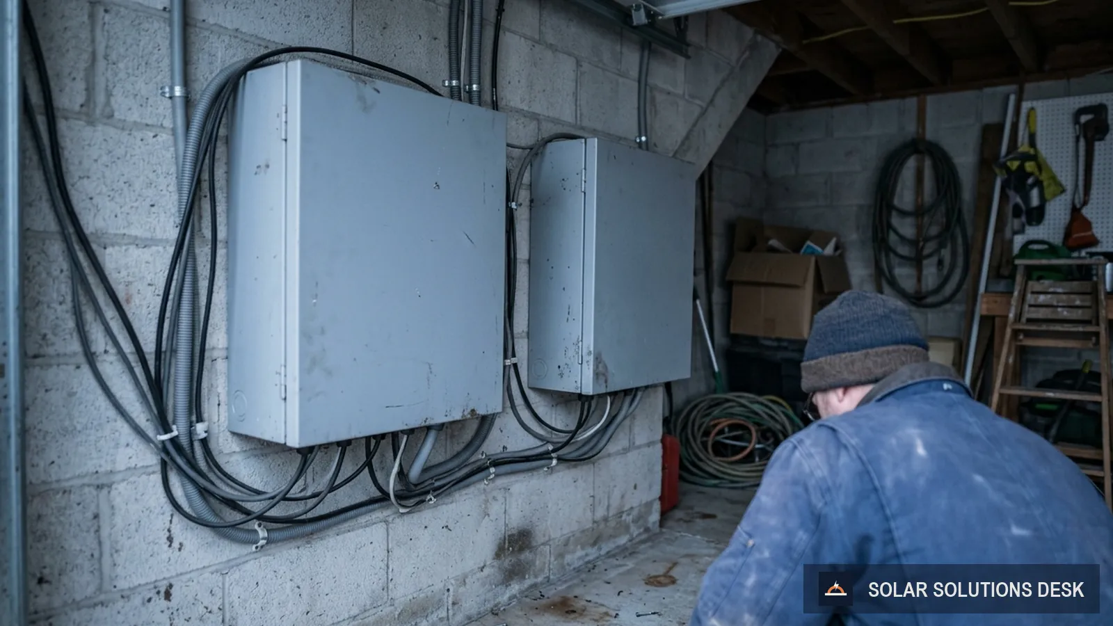 Two pieces of home solar equipment side by side in a utility space.