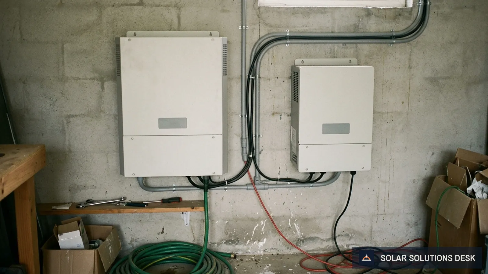 Two pieces of home solar equipment side by side in a utility space.