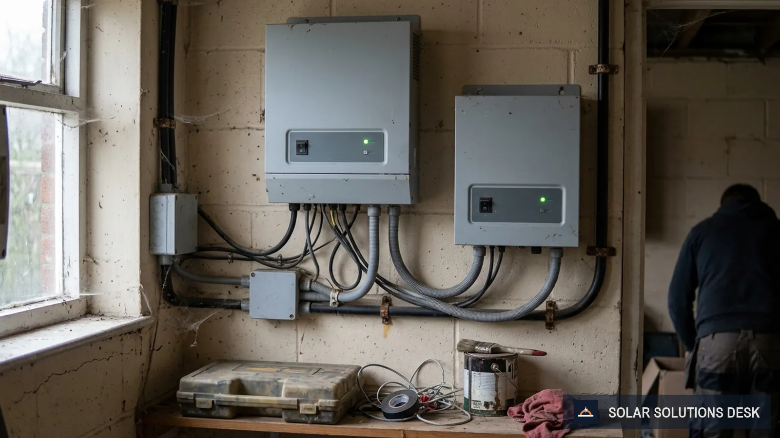 Two pieces of home solar equipment side by side in a utility space.