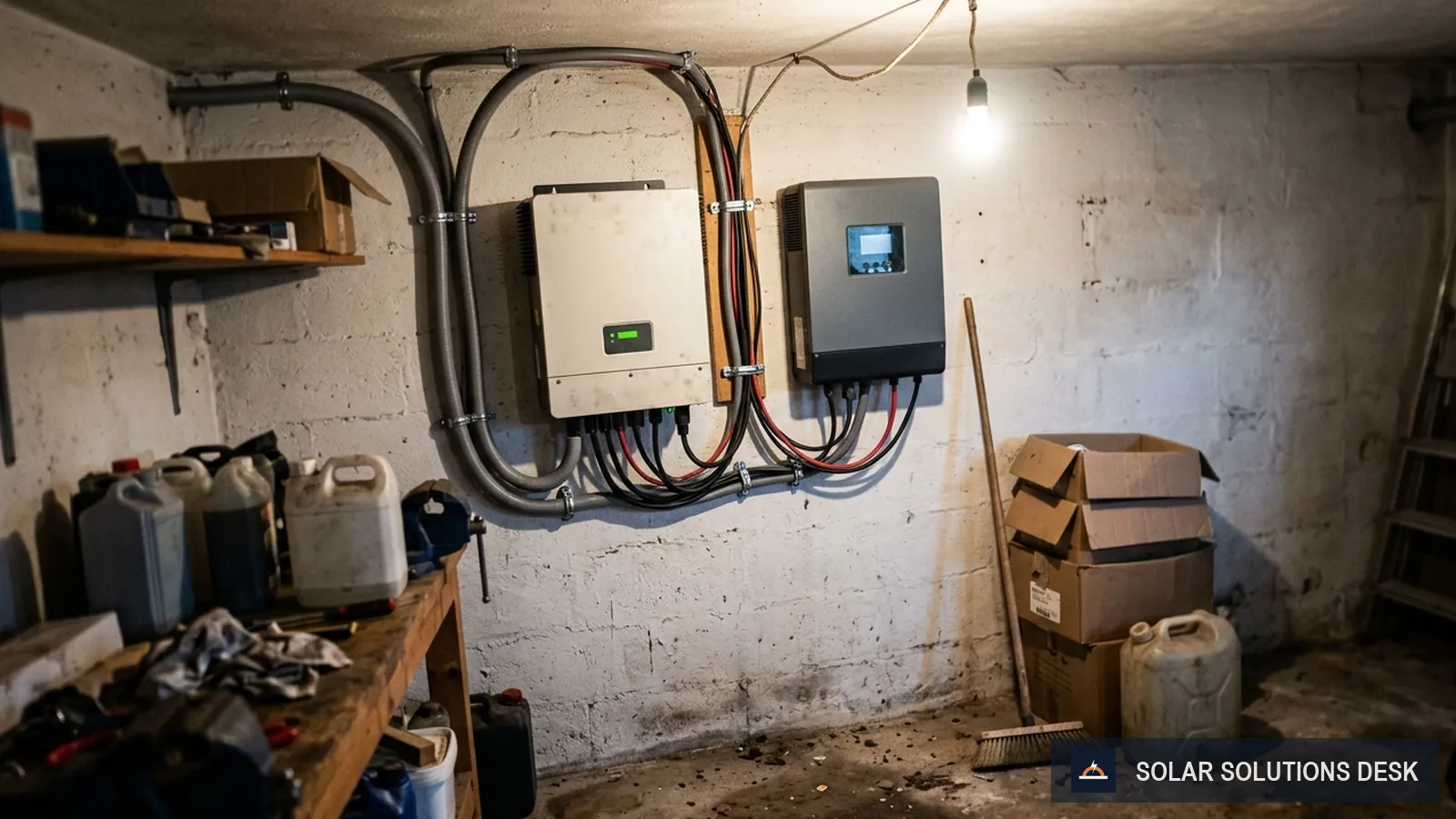 Two pieces of home solar equipment side by side in a utility space.