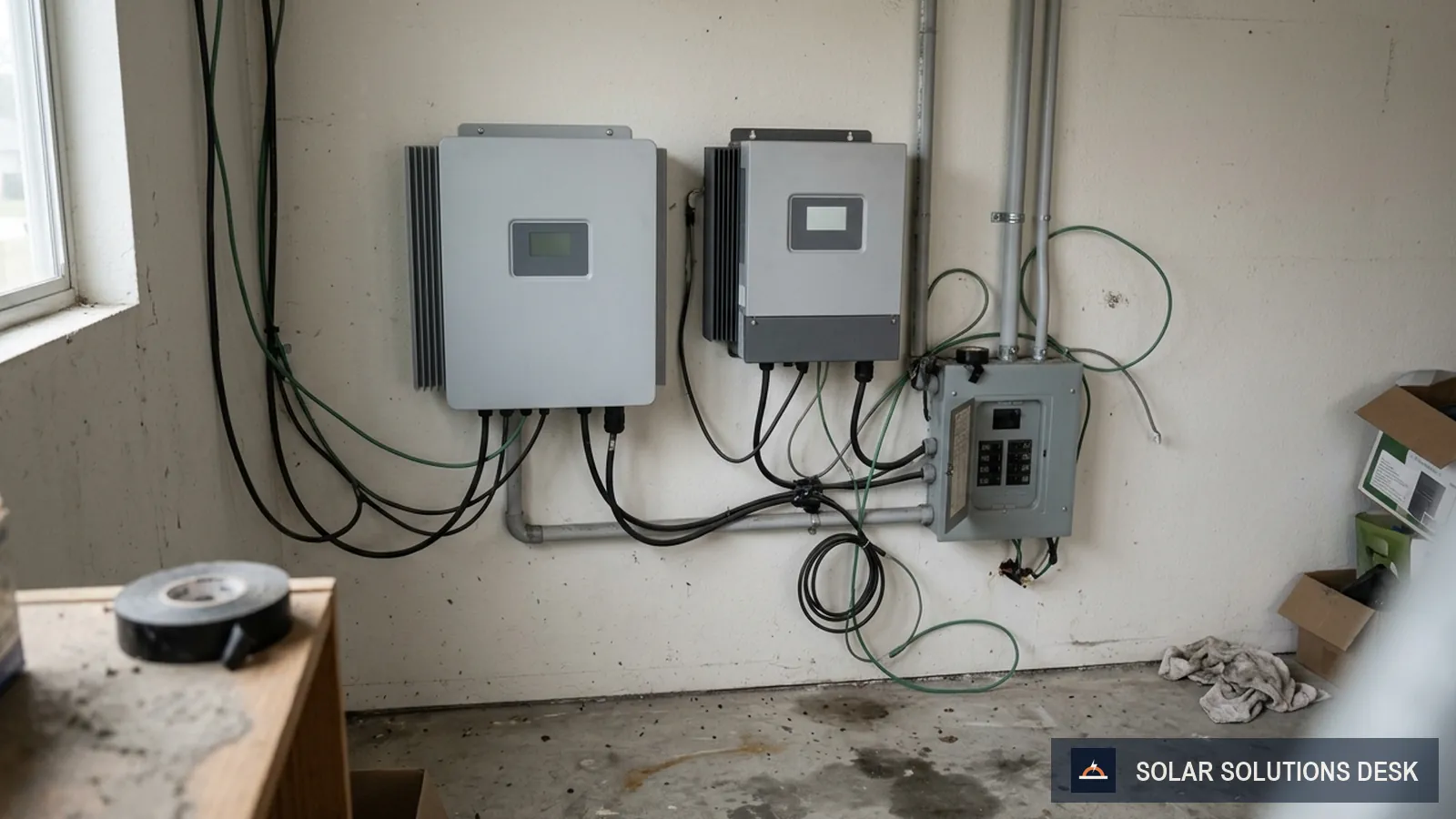 Two pieces of home solar equipment side by side in a utility space.