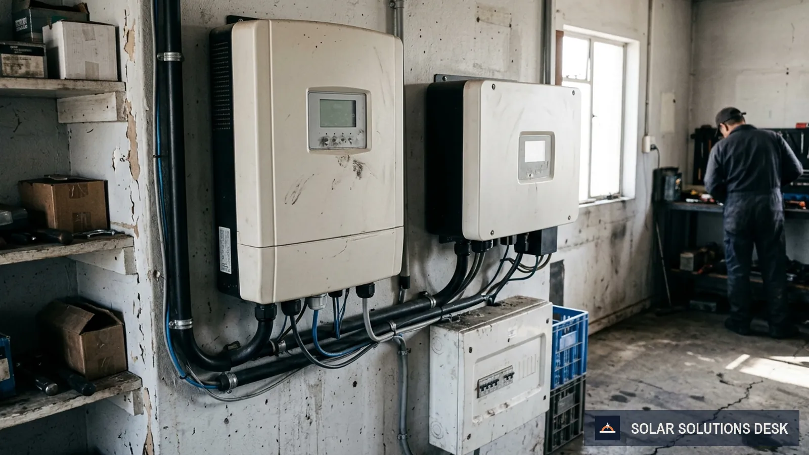 Two pieces of home solar equipment side by side in a utility space.