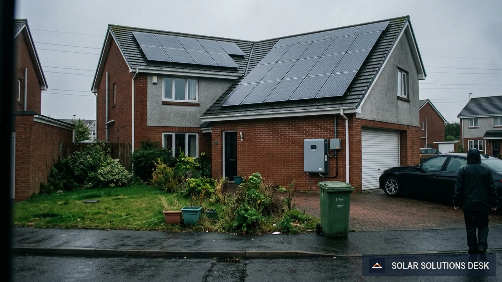 A suburban home with rooftop solar panels and a wall battery at golden hour.