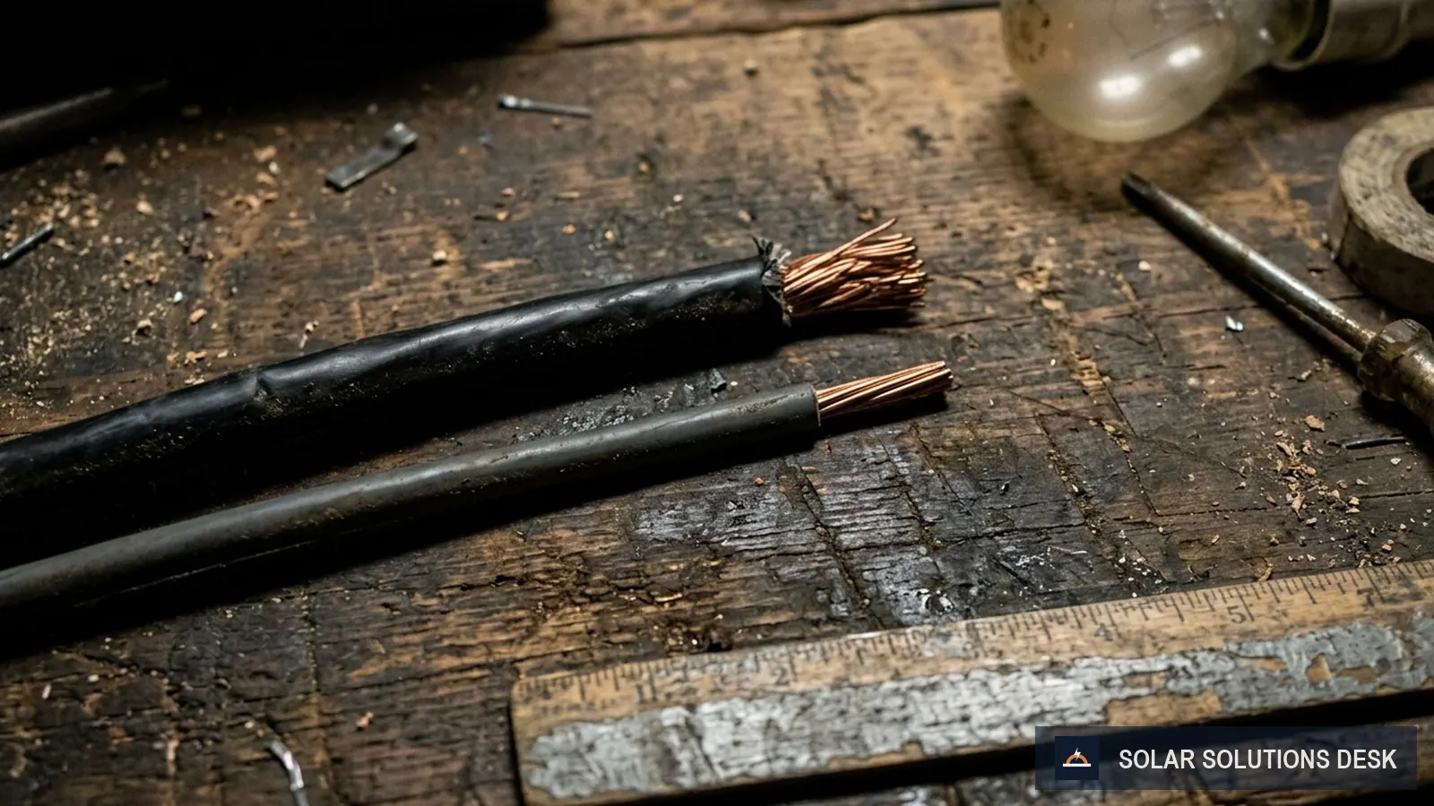 Two copper battery cables of different thickness lying side by side on a workbench
