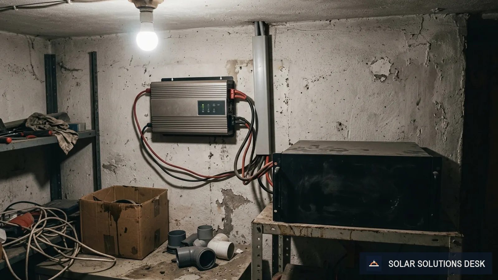 A wall-mounted inverter and a rack battery side by side in a utility room with short thick cables between them