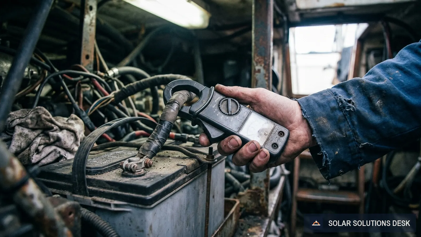 A hand holding a clamp meter around a thick battery cable