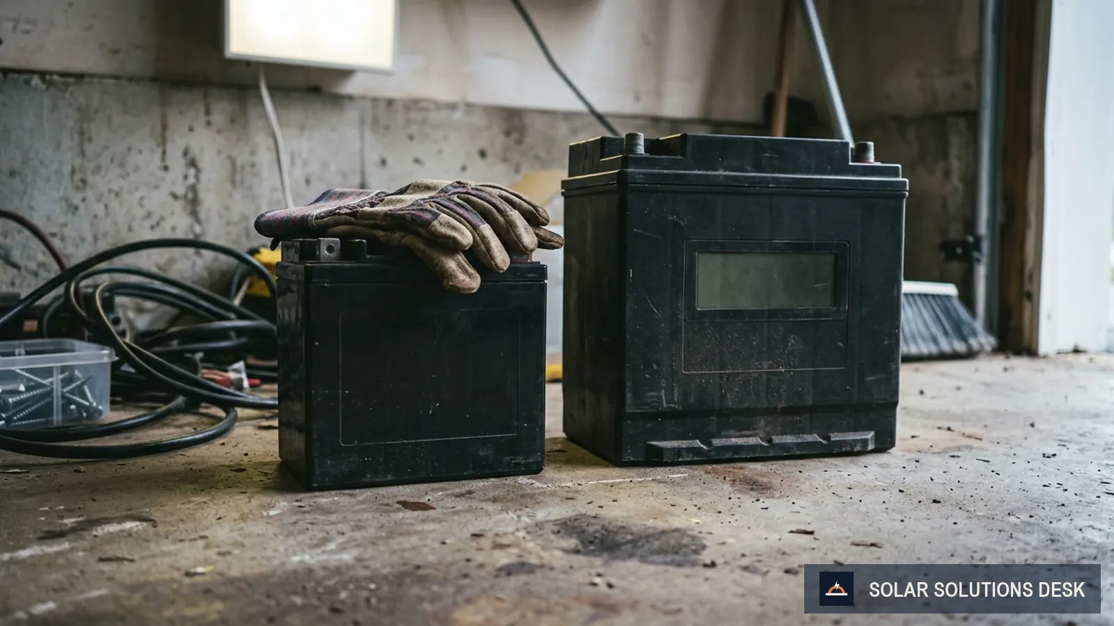 Two batteries of different sizes side by side on a workshop bench next to a notepad
