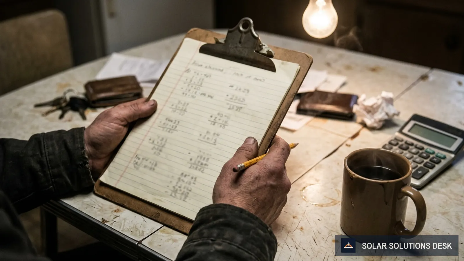 A person's hands holding a clipboard with a handwritten battery sizing calculation
