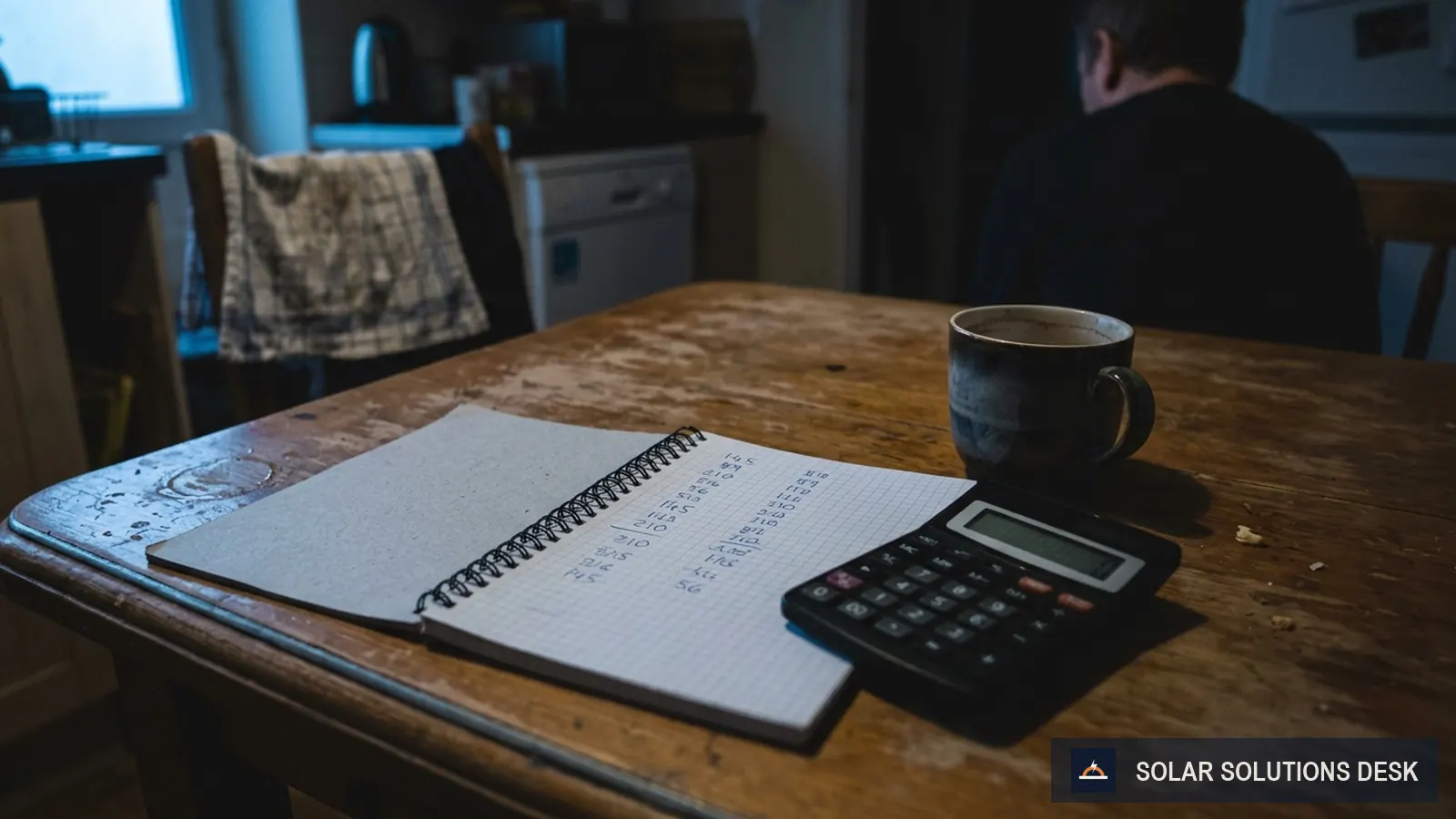 A homeowner’s notepad on a kitchen table with a column of numbers and a calculator.