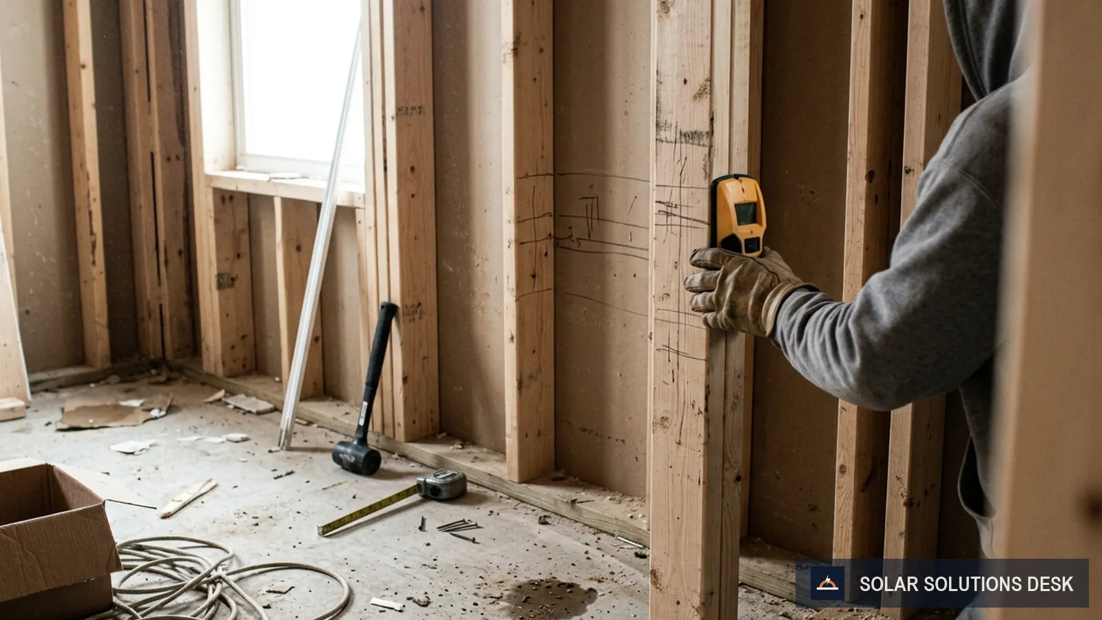 A row of three bare wall studs in a concrete-floor utility room with space for heavy equipment.