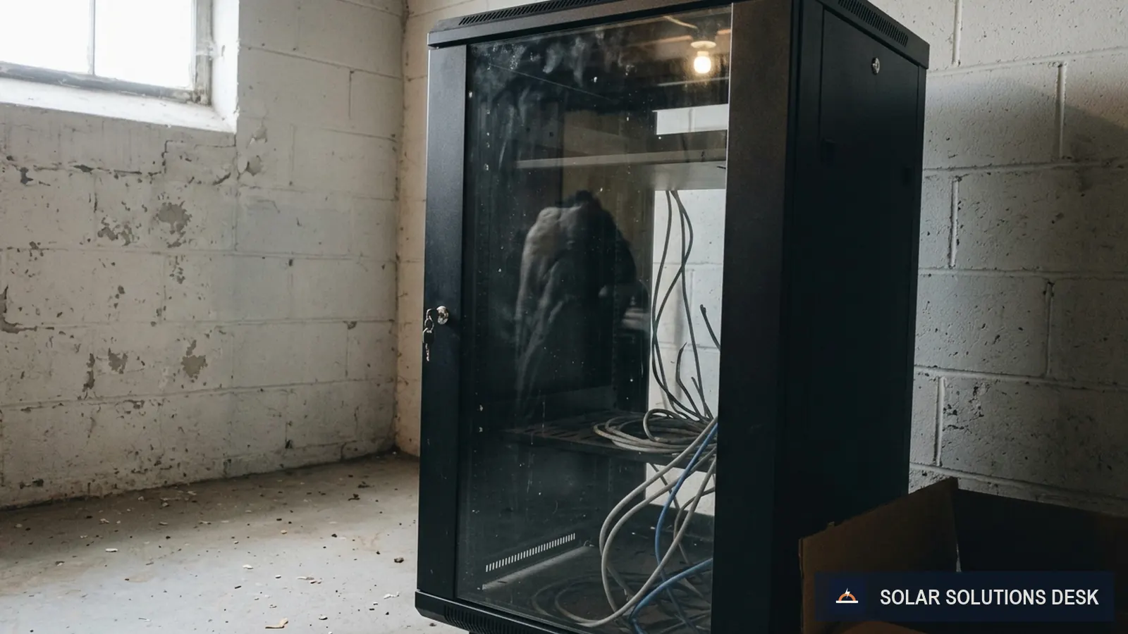 An open metal server-rack style cabinet in a basement with empty slots and cable knockouts.