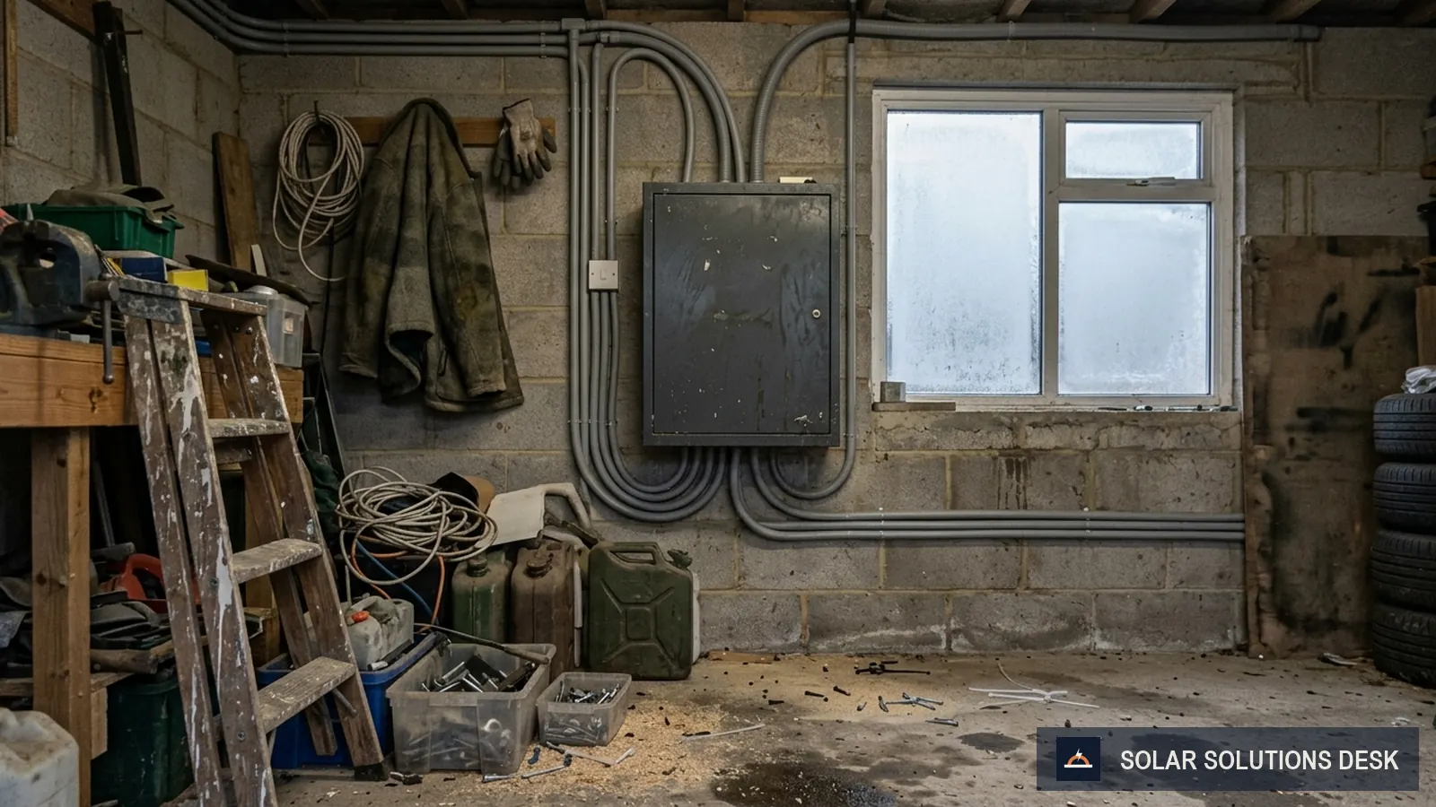 A wall-mounted battery cabinet in an unheated garage on a frosty morning