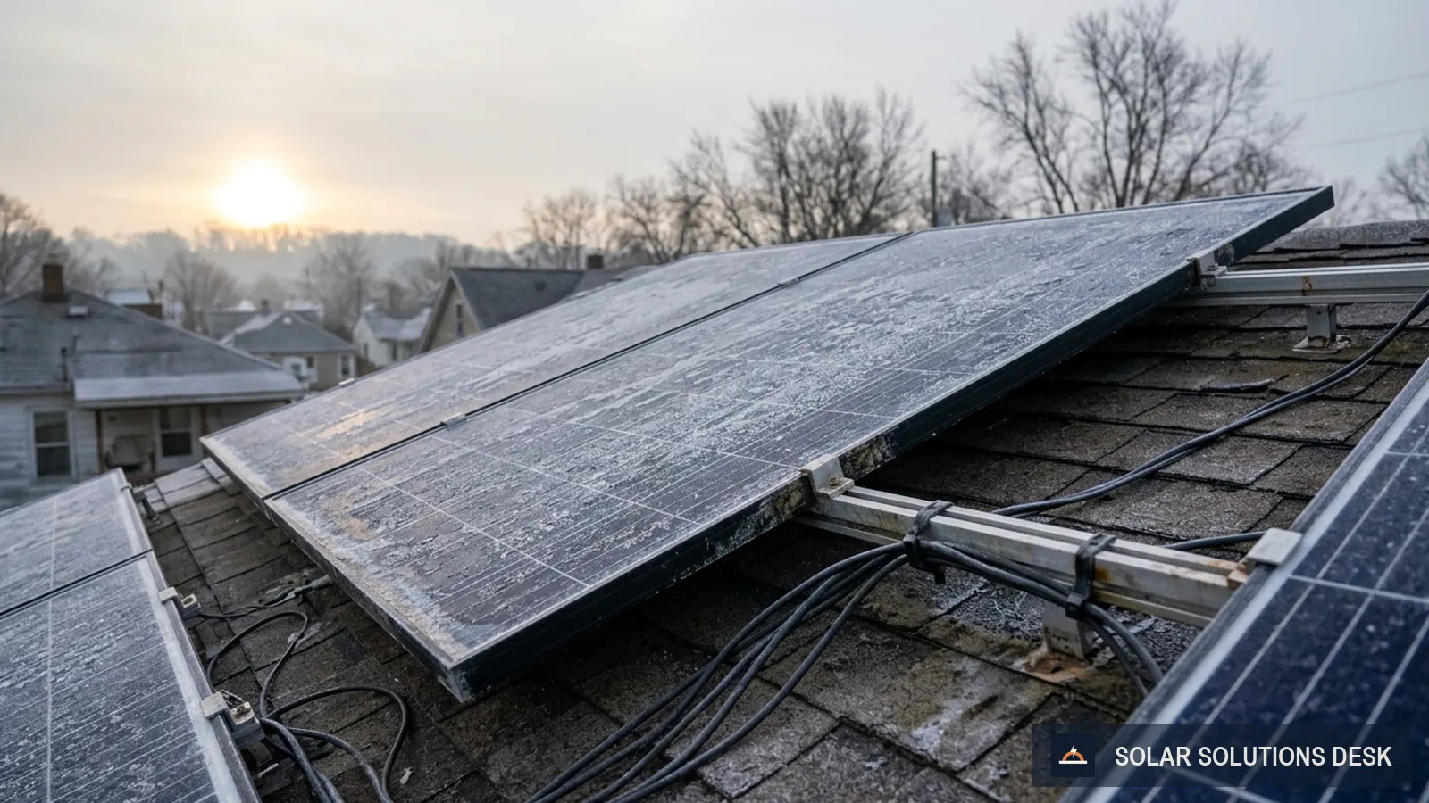 Rooftop solar panels with frost on the glass in early morning light