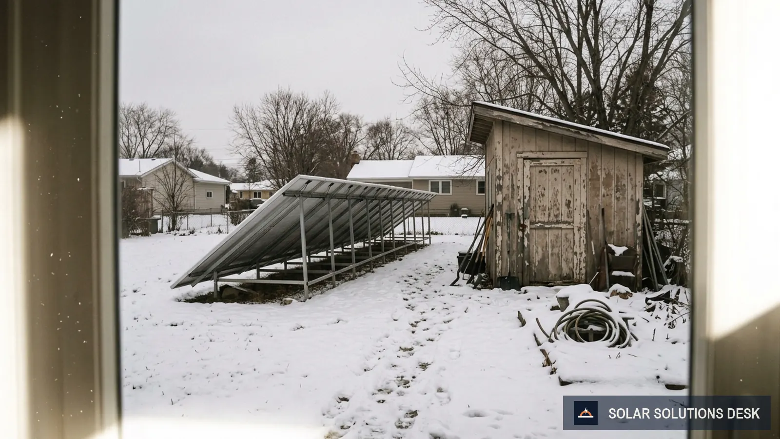 A snow-covered yard with a ground-mounted solar array and a shed in winter light