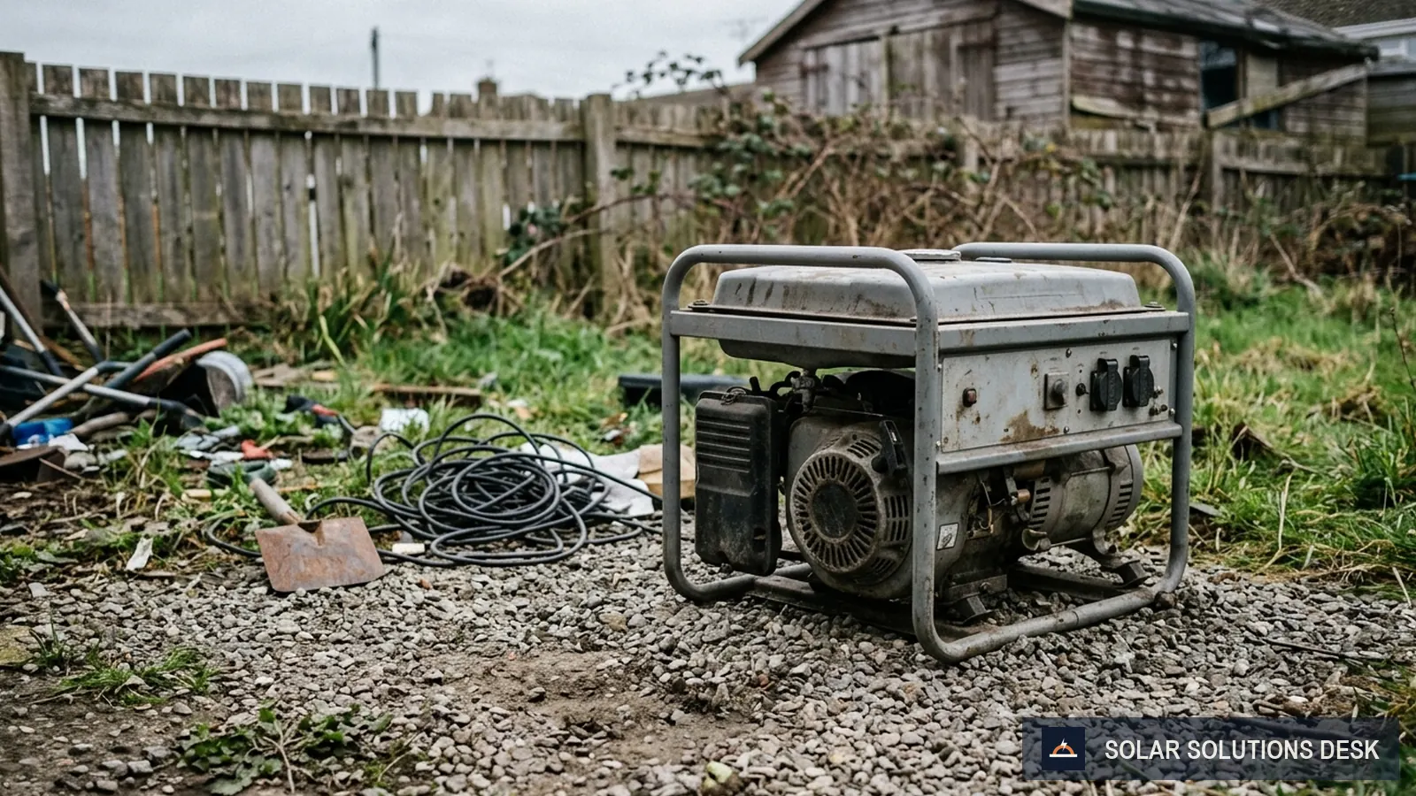 A portable generator sitting on a gravel pad in a yard, away from the house wall.