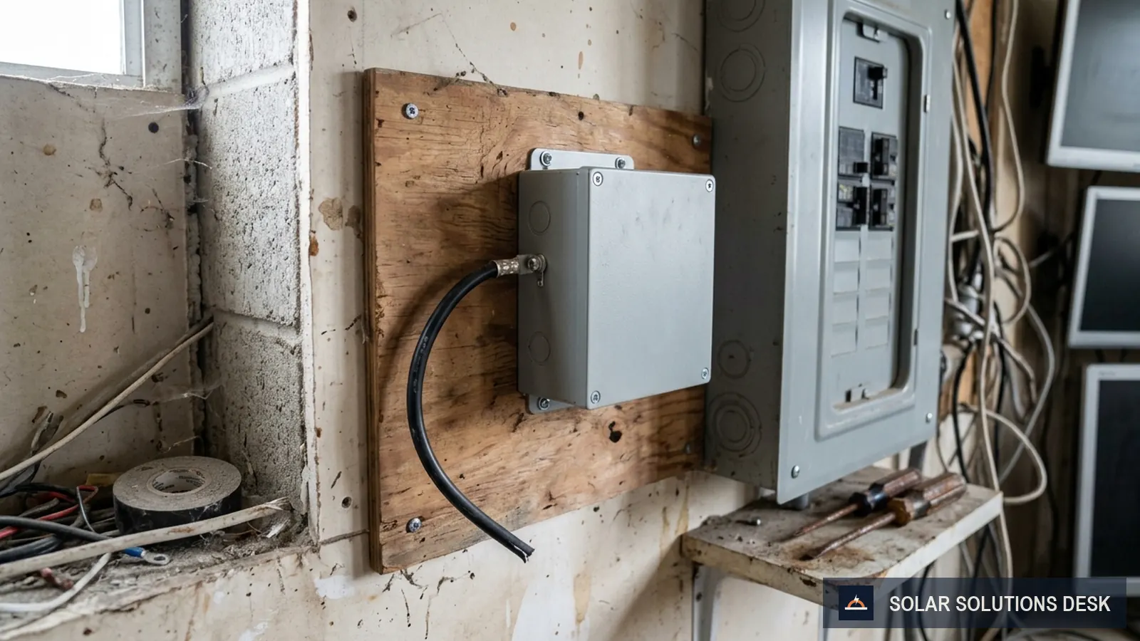 A small battery charger box mounted on a plywood wall in a utility room next to a breaker panel.