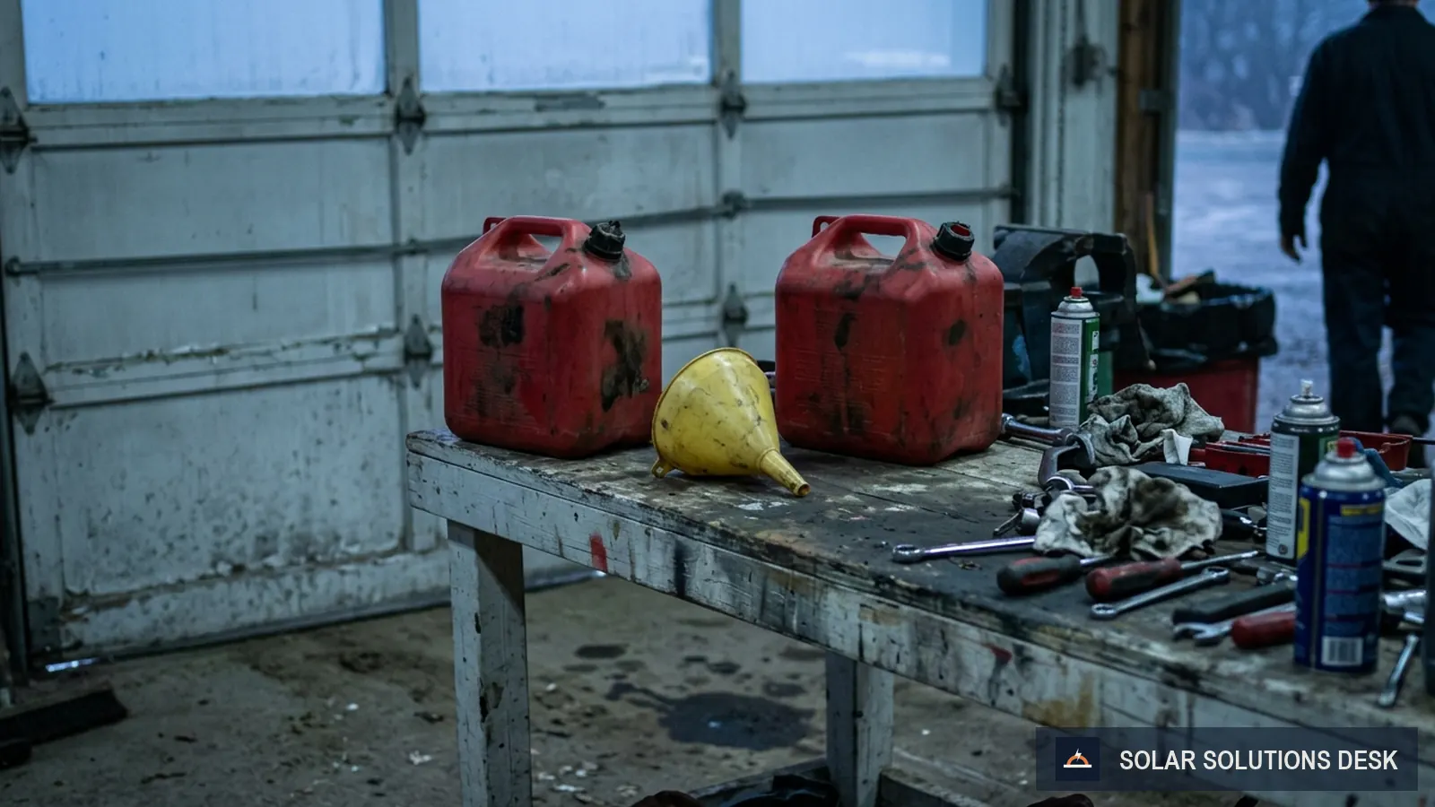 Two red fuel cans and a funnel on a workbench beside a closed garage door.