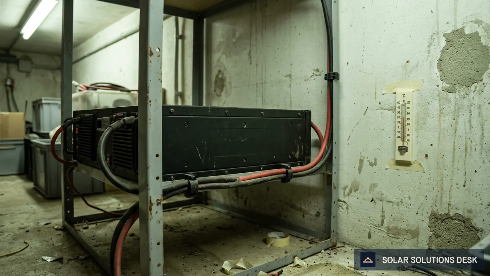 A rack battery module on a utility room wall with a thermometer on a nearby shelf