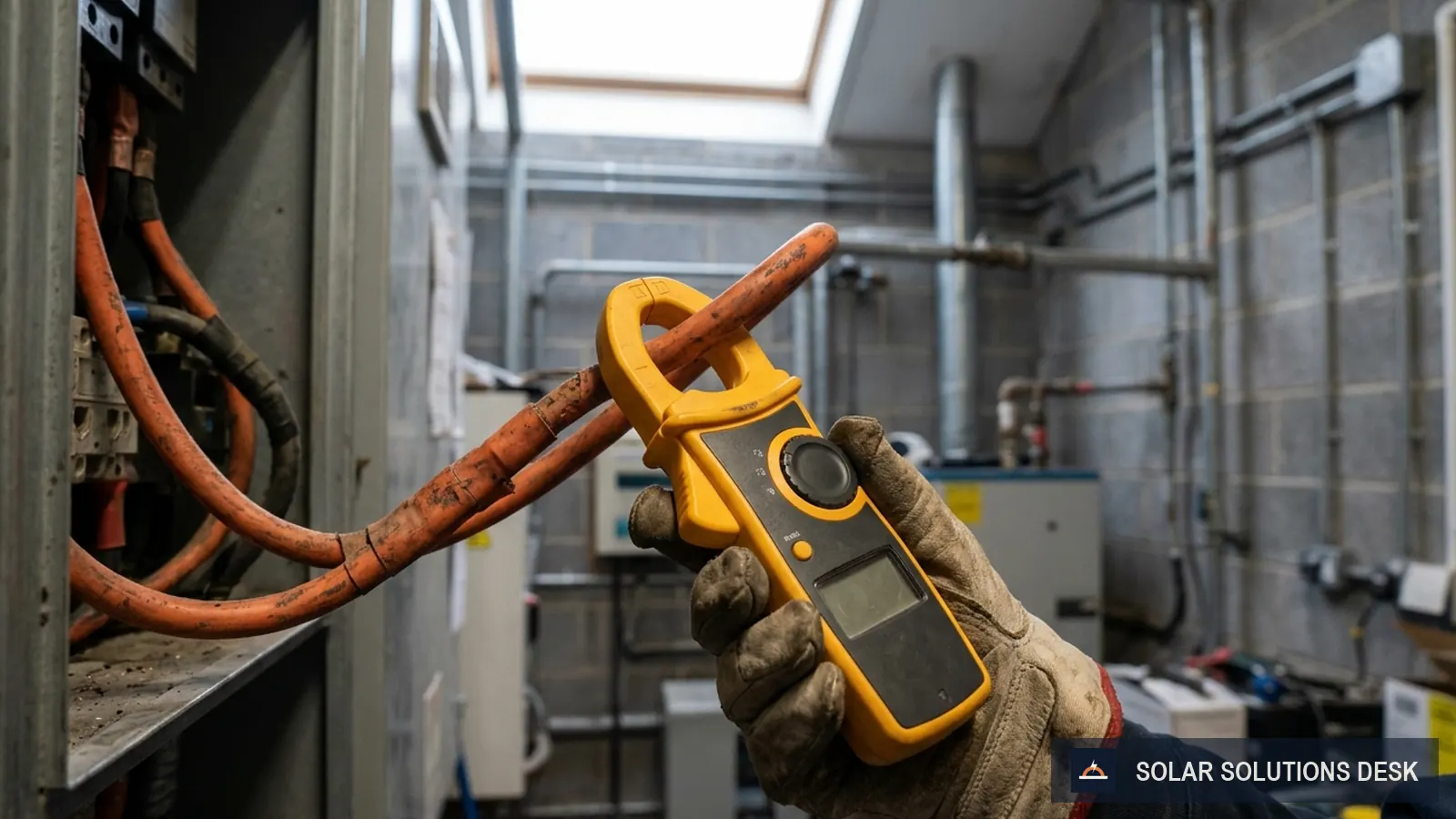 A hand holding a clamp meter near battery cables in a utility room