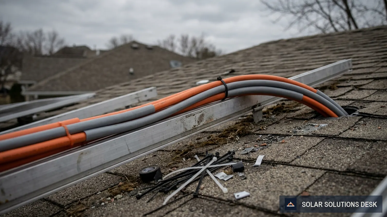 Two strings of solar panels wired to a combiner on a roof