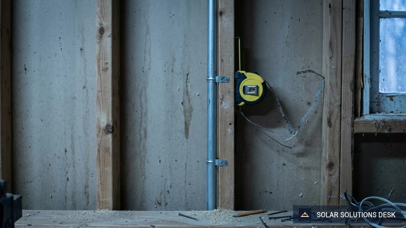 A garage wall with bare studs and conduit where a battery could be mounted.