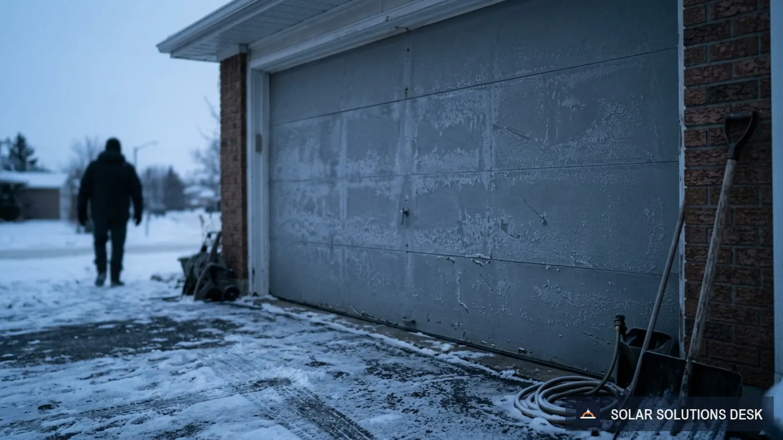 Frost on the outside of a closed garage door on a winter morning.