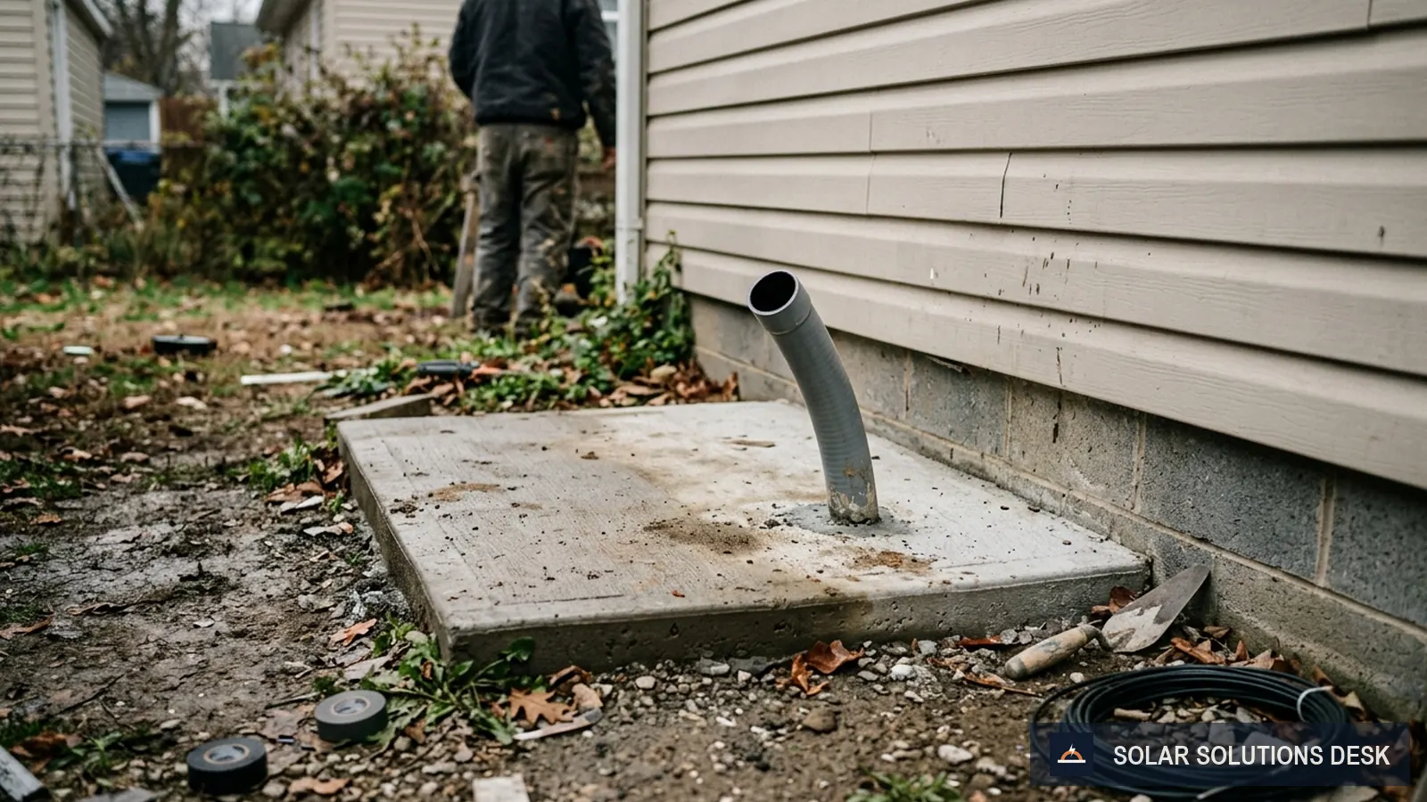A concrete pad beside a house wall with a conduit stub rising from it.