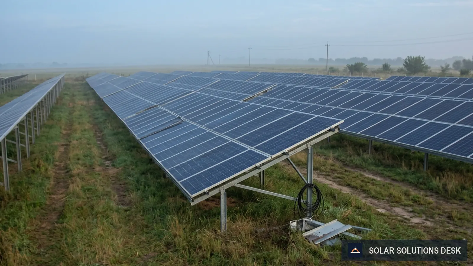 Rows of solar panels on a ground mount in a field under a clear sky