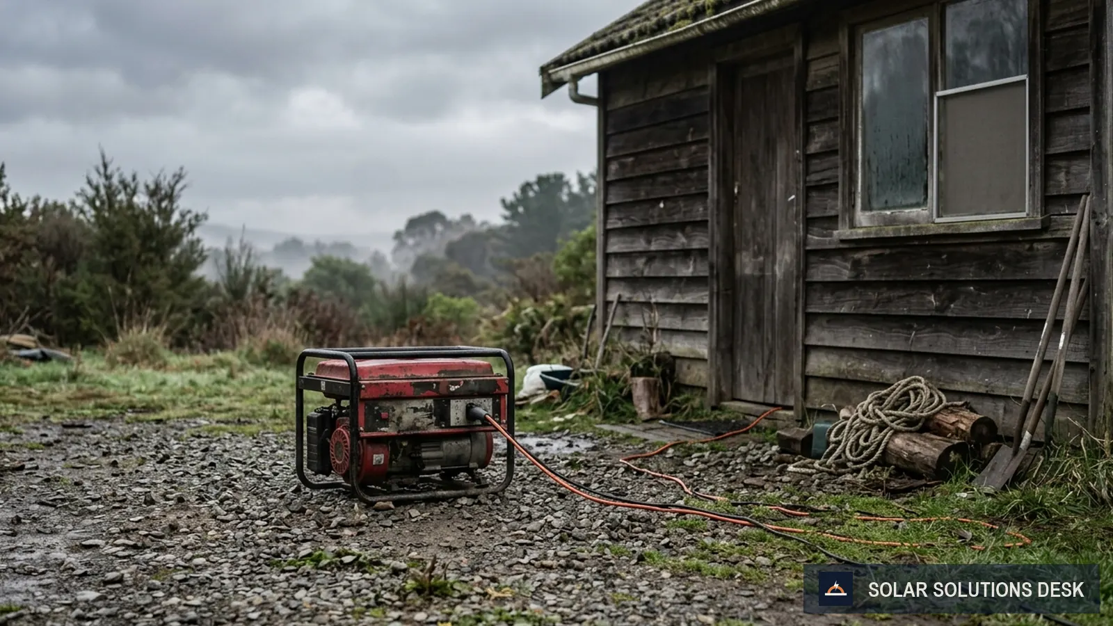 A portable generator running outside a small off-grid cabin on a cloudy day