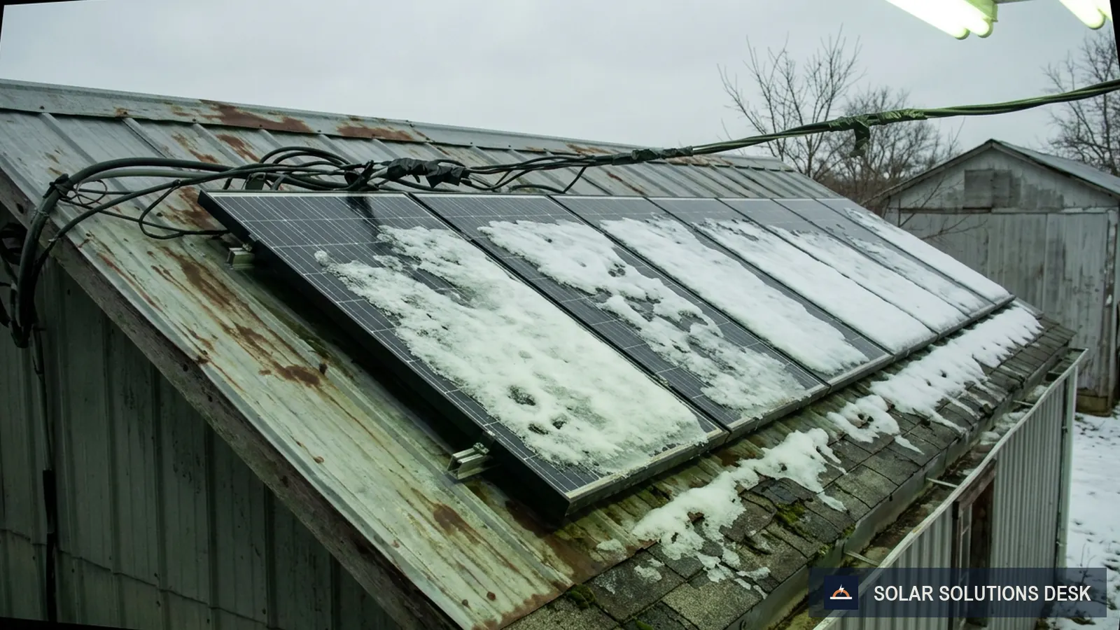 Ground-mounted solar panels on a rural property under a low winter sun