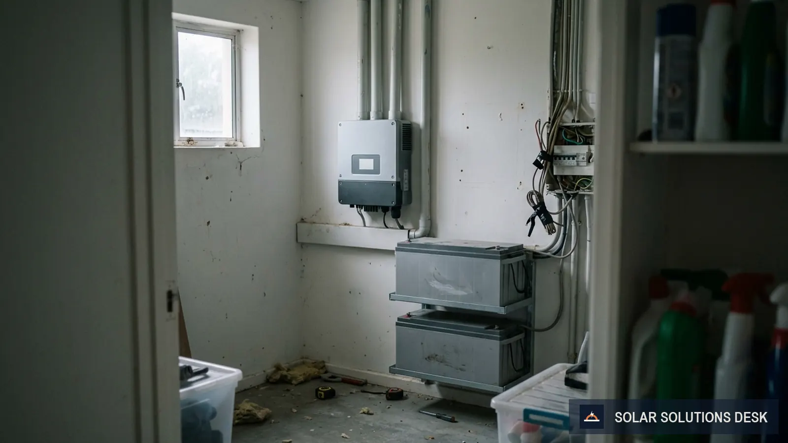 Rows of lithium batteries and an inverter on a utility room wall