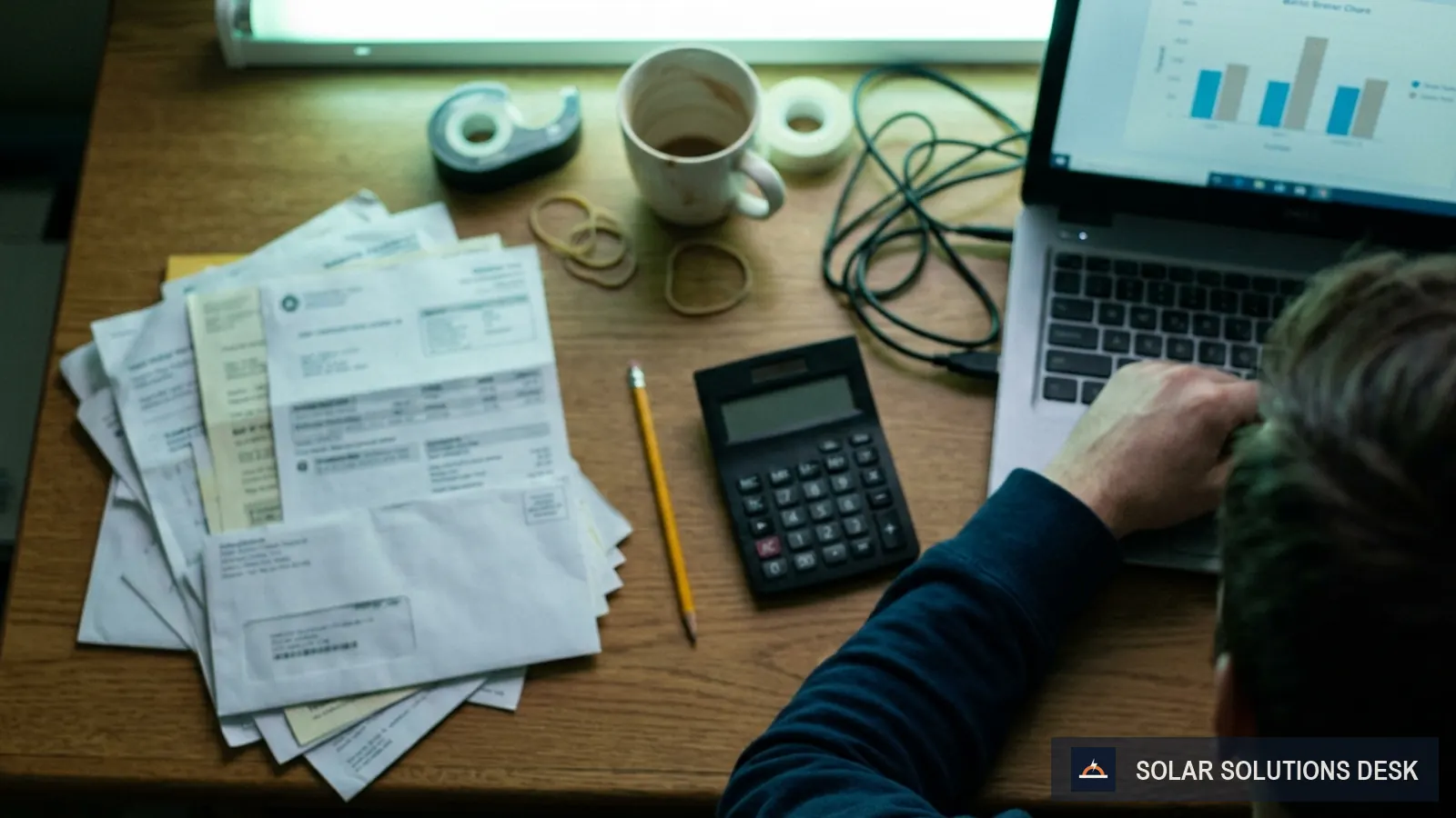 Hand holding a printed utility bill next to a laptop showing a chart