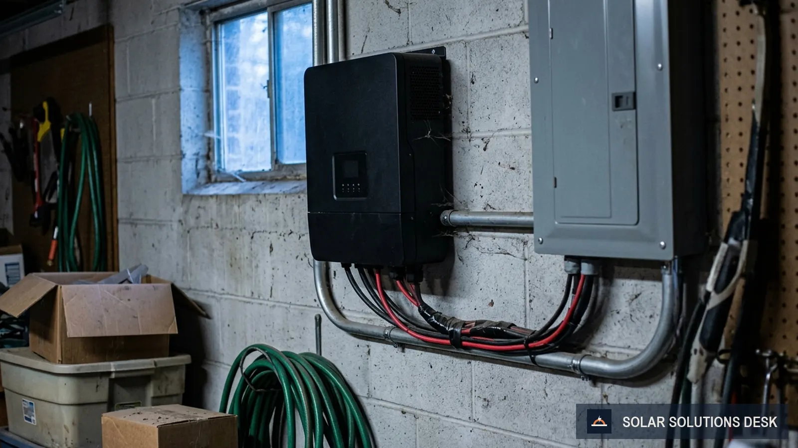 A wall-mounted inverter in a garage with conduit running to a breaker panel