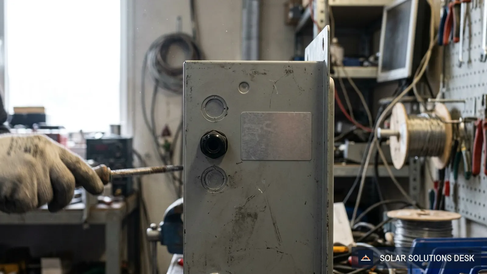 Close-up of an inverter label and spec plate on a metal enclosure