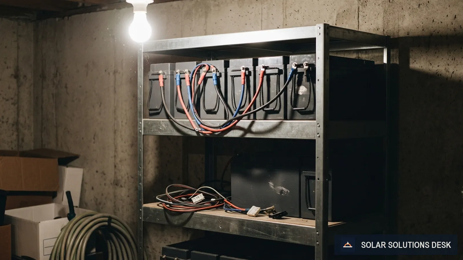 A rack of battery modules in a utility room with cables and a wall-mounted electrical panel