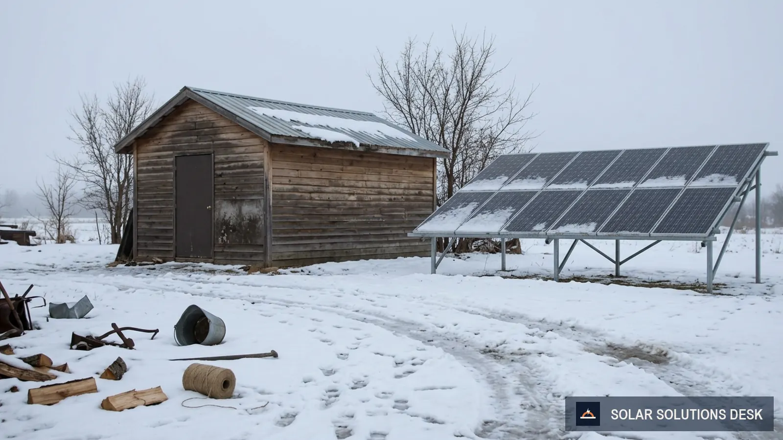 A snowy yard with an outbuilding and a snow-dusted solar panel array