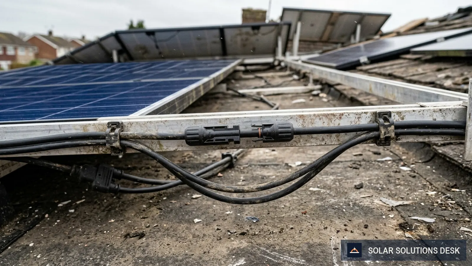 Solar panels on a pitched roof with a cable run leading to a combiner conduit
