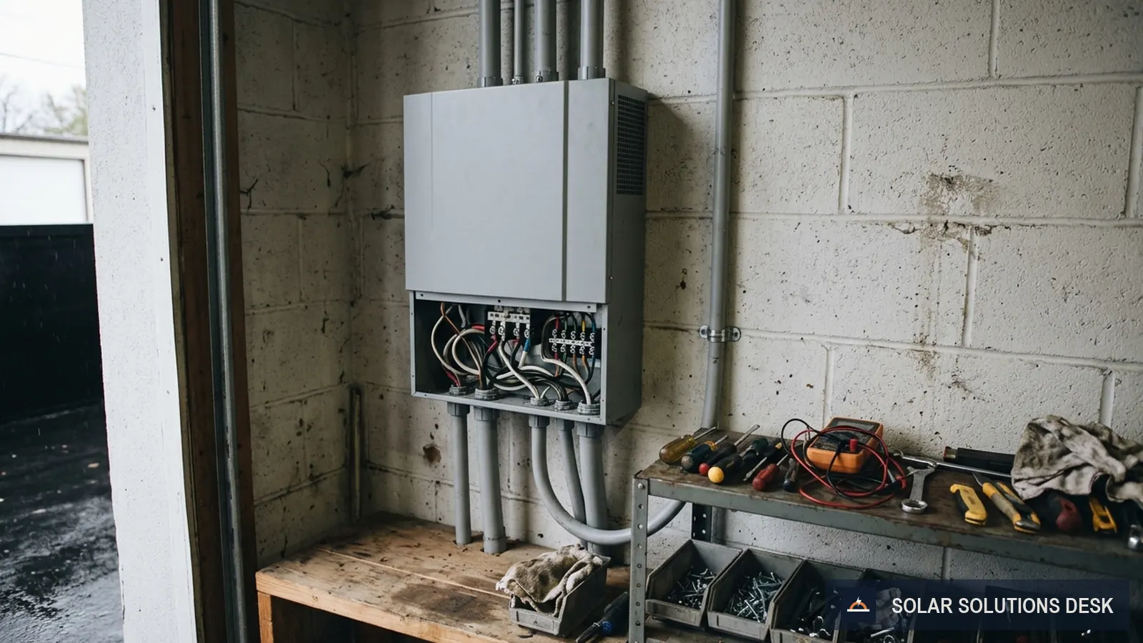 The front of a wall-mounted inverter with its PV input terminals in a garage