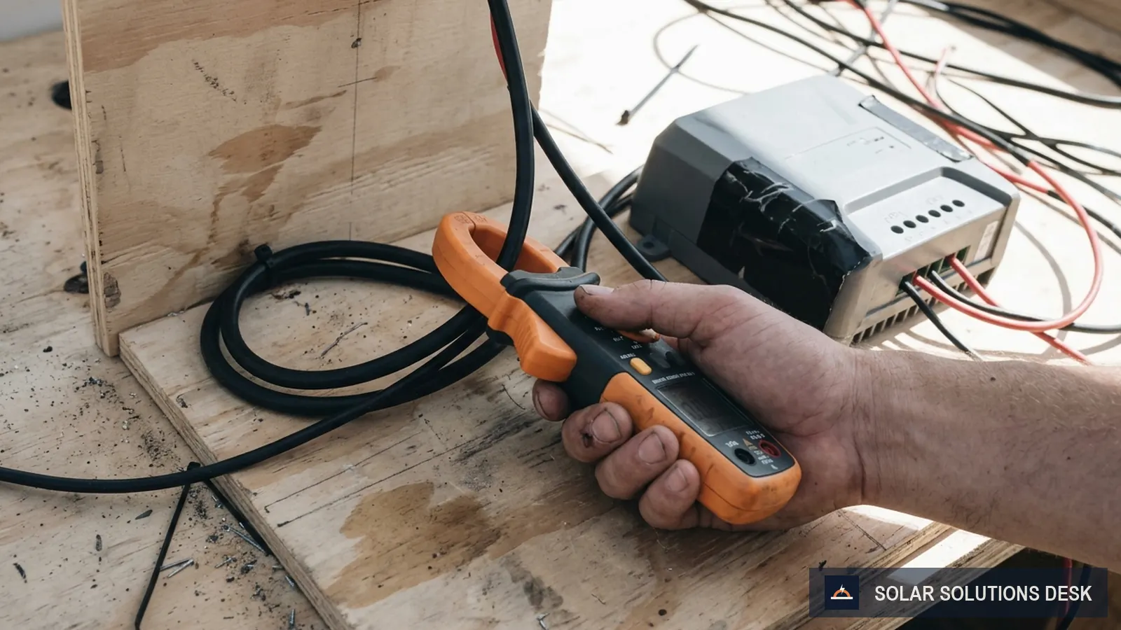 A hand holding a clamp meter on a DC cable beside a charge controller