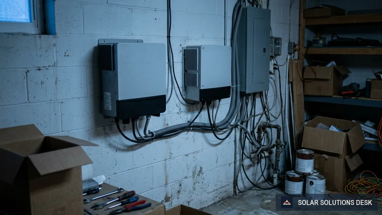 Two pieces of home solar equipment side by side in a utility space.