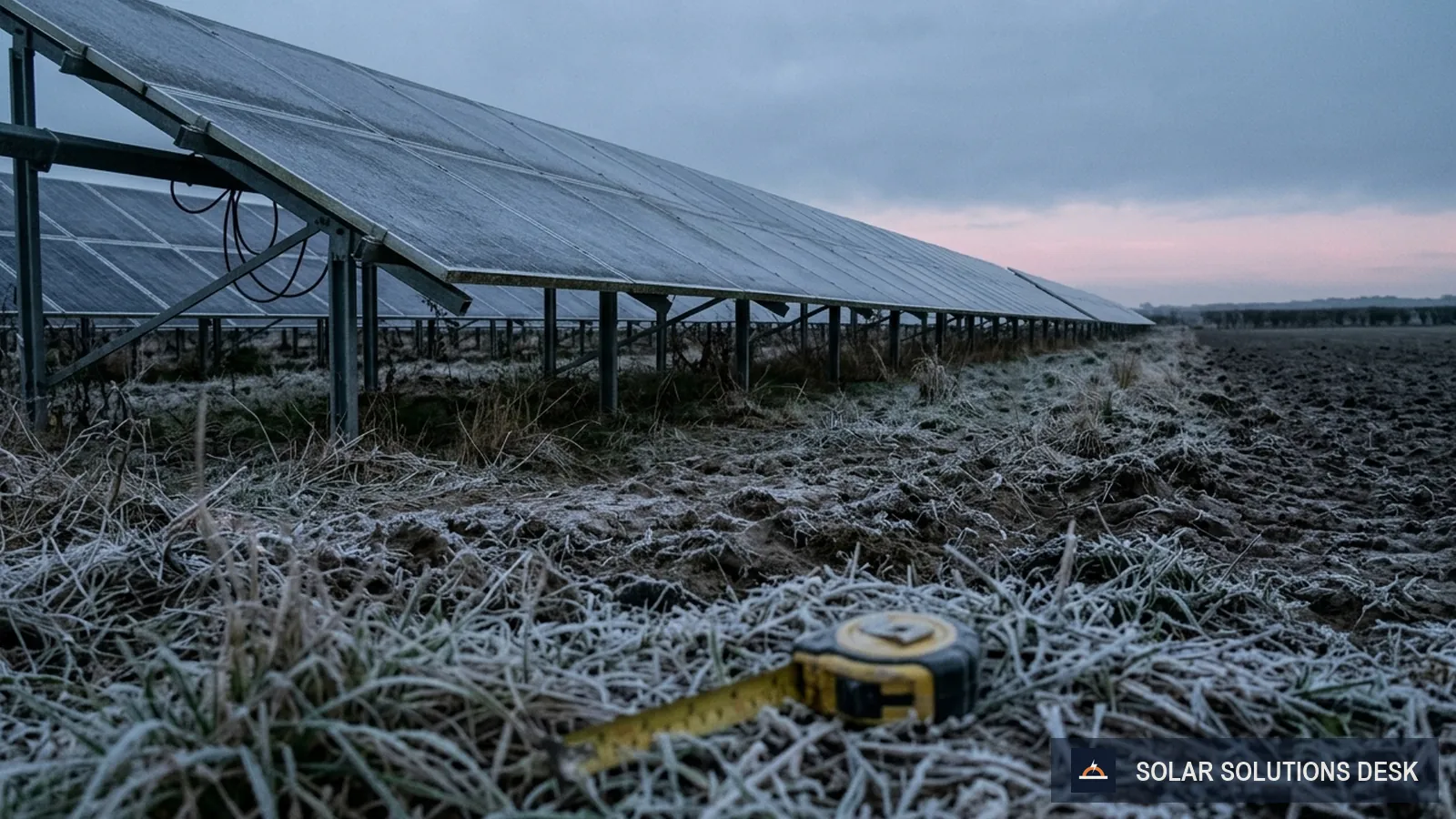 A row of solar panels in a frosty field at sunrise.