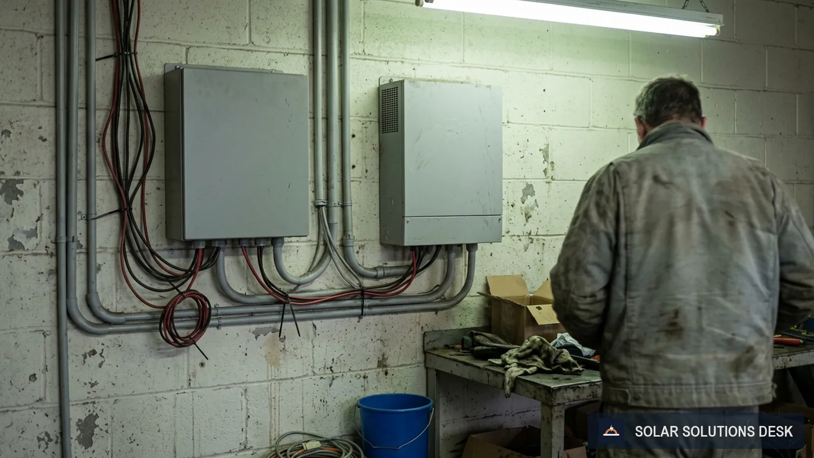 Two pieces of home solar equipment side by side in a utility space.